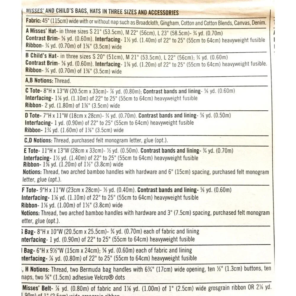 Simplicity 4490 Misses Childs‎ Bags Sewing Pattern Tote Handbag Mitts Hat